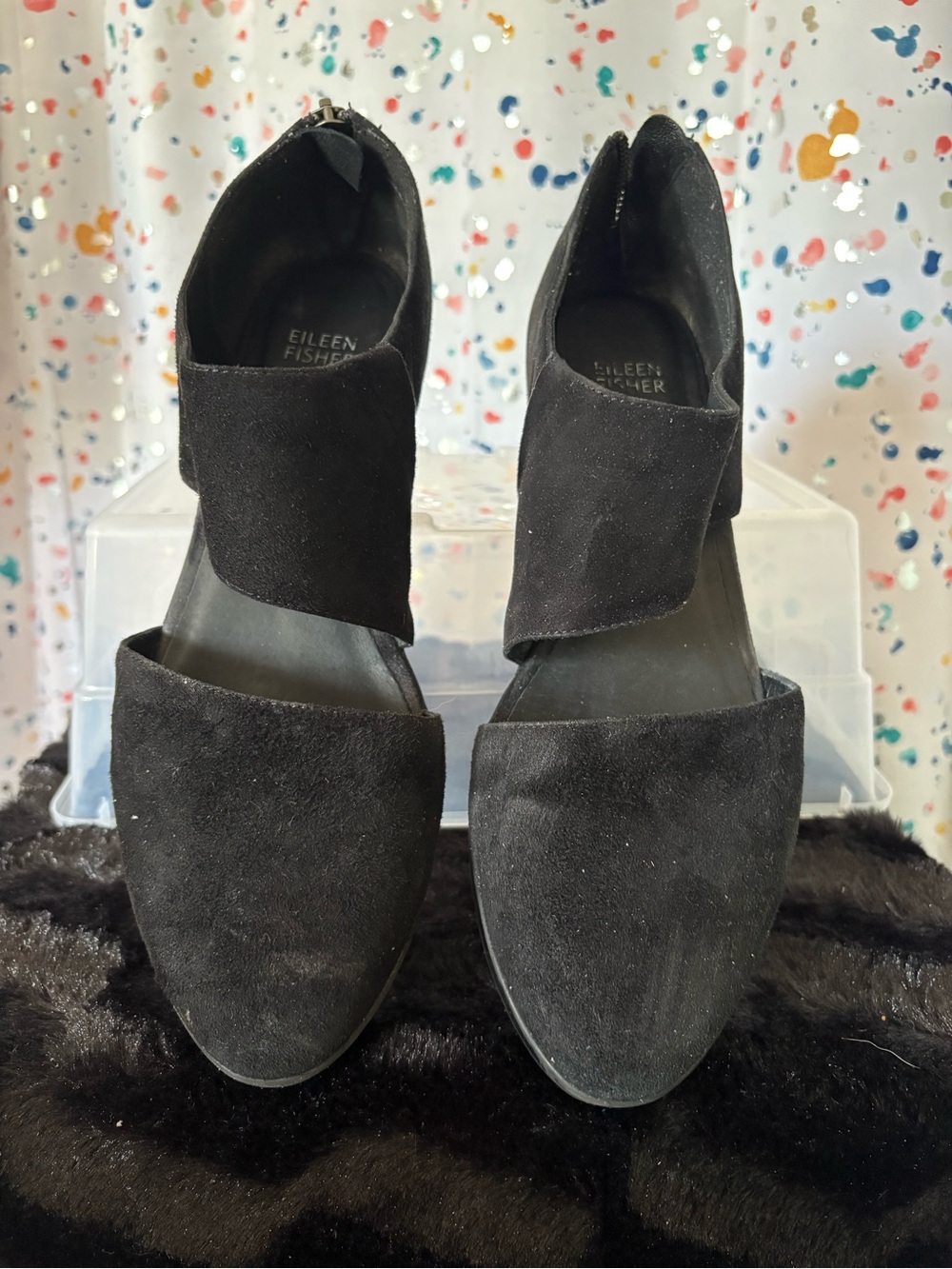 Eileen Fisher Black Suede Back-Zip Platform Sandals